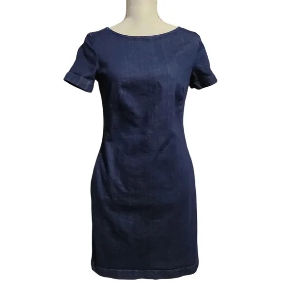 BODEN Rhea Blue Denim Sheath Short Sleeve Midi Dress Size 4L Casual Minimalist - Picture 3 of 14
